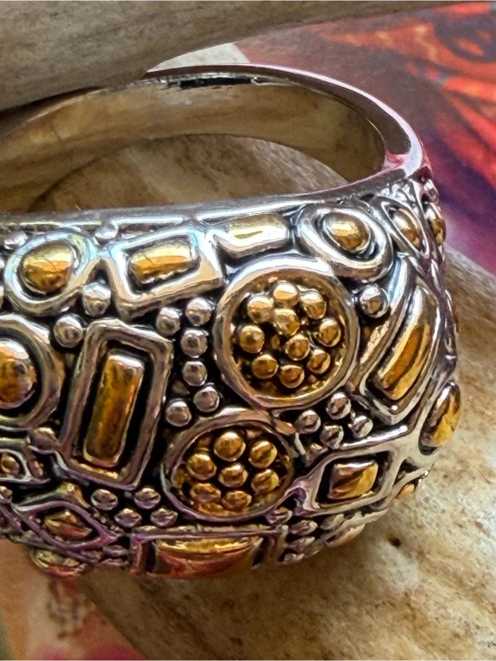 Boho Two-Tone Wide Band Cocktail Ring Geometric Mosaic Design